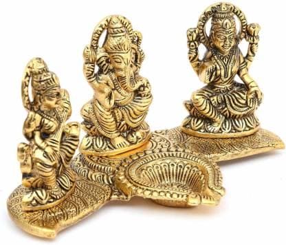 Design Gold Plated Lakshmi Ganesh Saraswati Idol with Deepak Showpiece - Decorwala