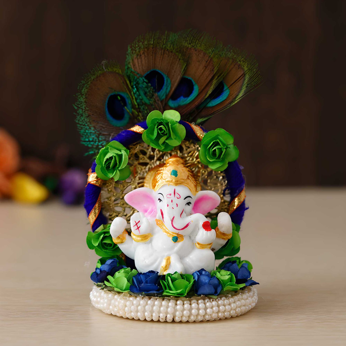 Lord Ganesha Idol on Decorative Handcrafted Floral Plate with Peacock Feather for Home and Car - Decorwala