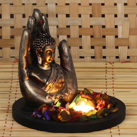 Copper Finish Handcrafted Palm Buddha Decorative Showpiece with Wooden Base, Fragranced Petals and Tealight - Decorwala