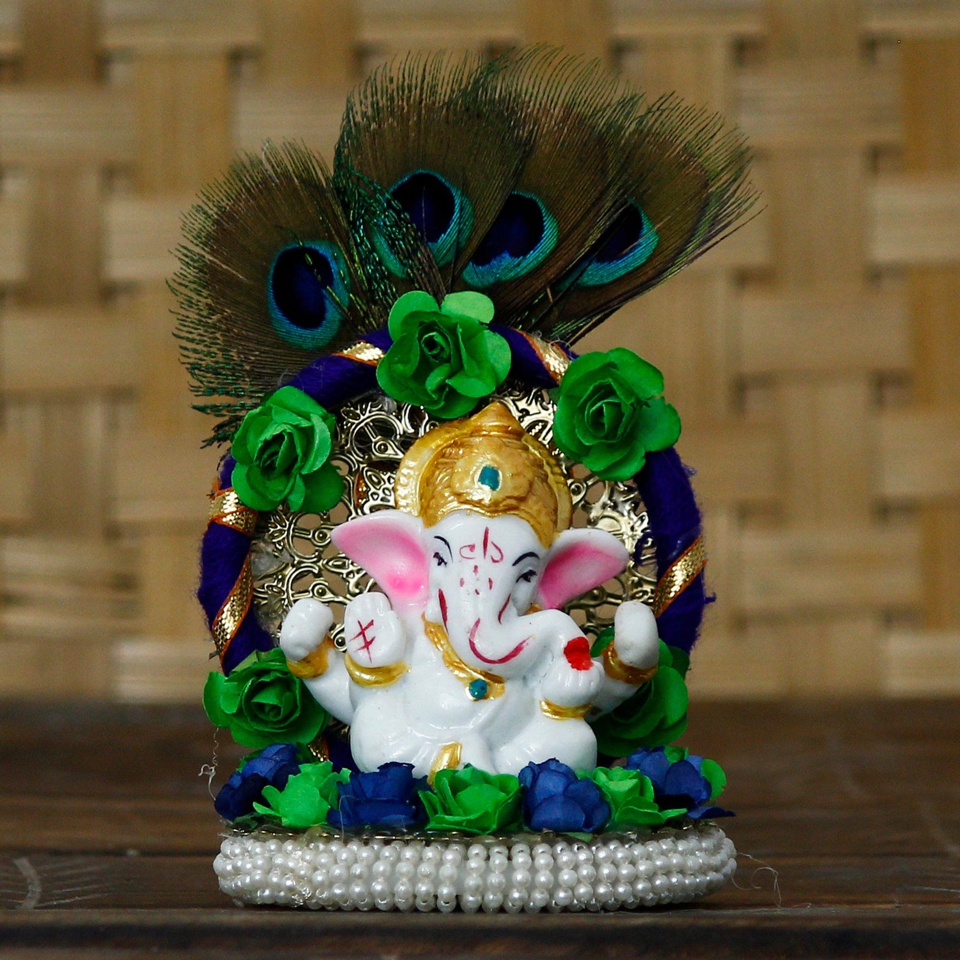 Lord Ganesha Idol on Decorative Handcrafted Floral Plate with Peacock Feather for Home and Car - Decorwala