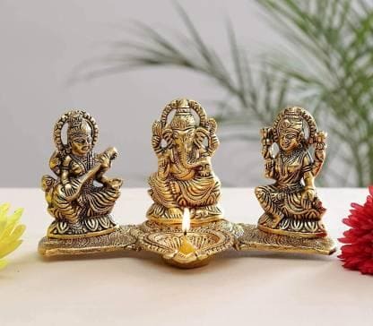 Design Gold Plated Lakshmi Ganesh Saraswati Idol with Deepak Showpiece - Decorwala