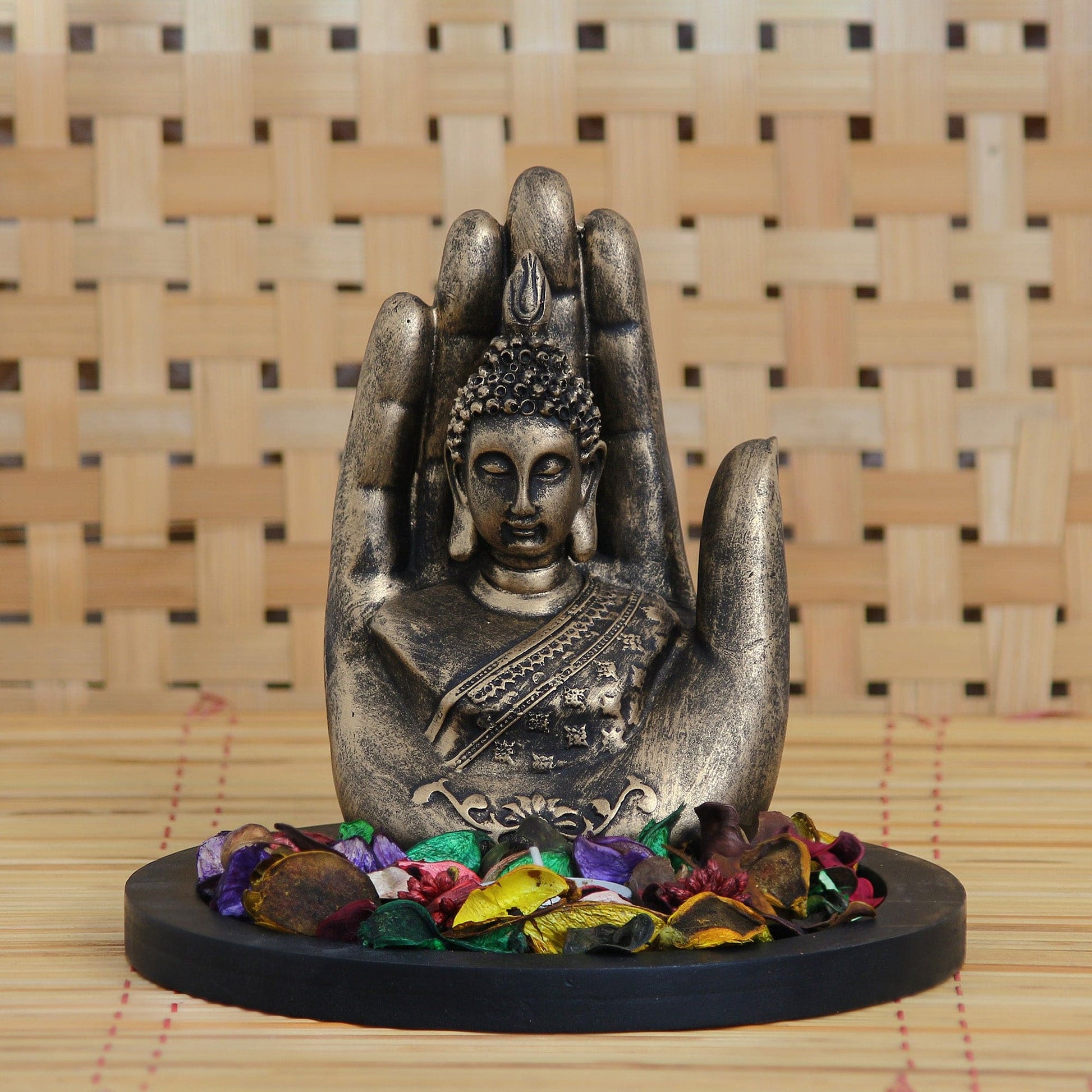 Copper Finish Handcrafted Palm Buddha Decorative Showpiece with Wooden Base, Fragranced Petals and Tealight - Decorwala