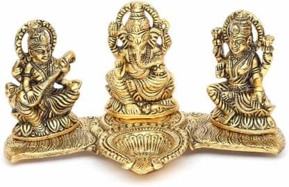 Design Gold Plated Lakshmi Ganesh Saraswati Idol with Deepak Showpiece - Decorwala