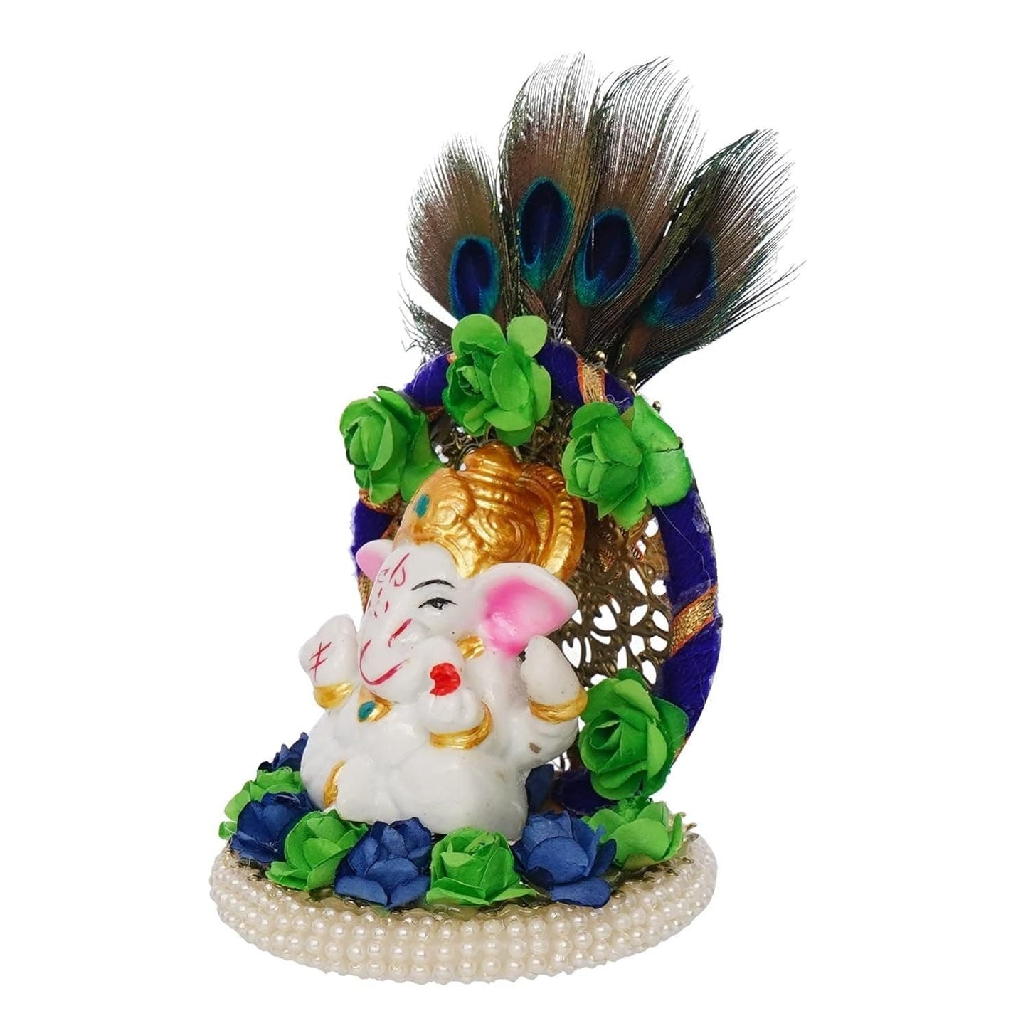 Lord Ganesha Idol on Decorative Handcrafted Floral Plate with Peacock Feather for Home and Car - Decorwala