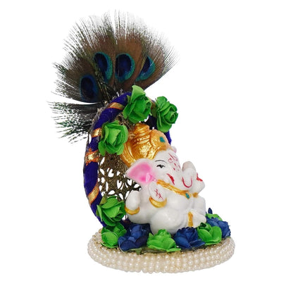 Lord Ganesha Idol on Decorative Handcrafted Floral Plate with Peacock Feather for Home and Car - Decorwala