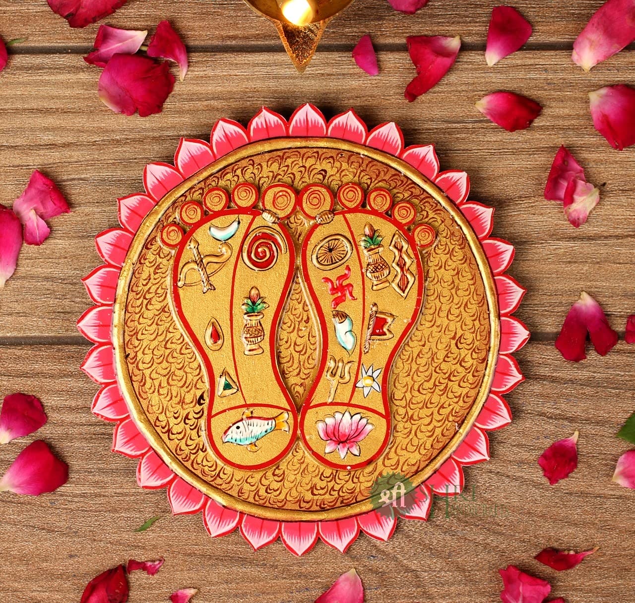 Decorative Laxmi Charan for Pooja Temples Wall Décor Hand Painted Laxmi Lottus Feet/Paduka - Decorwala