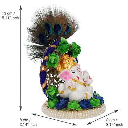 Lord Ganesha Idol on Decorative Handcrafted Floral Plate with Peacock Feather for Home and Car - Decorwala