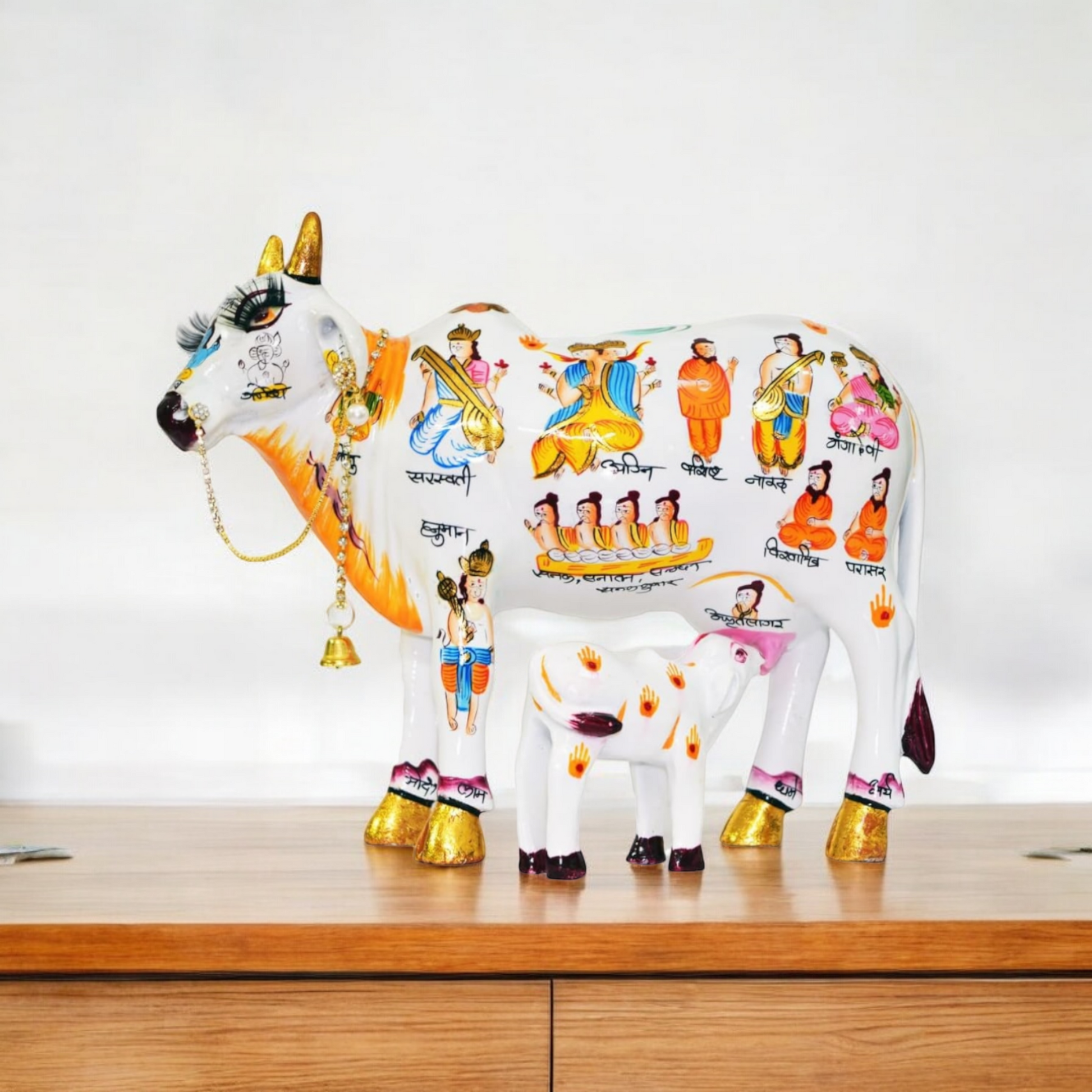 Kamdhenu Cow With Calf size 19 cm Hand Painted Statue for Hindu God - Decorwala