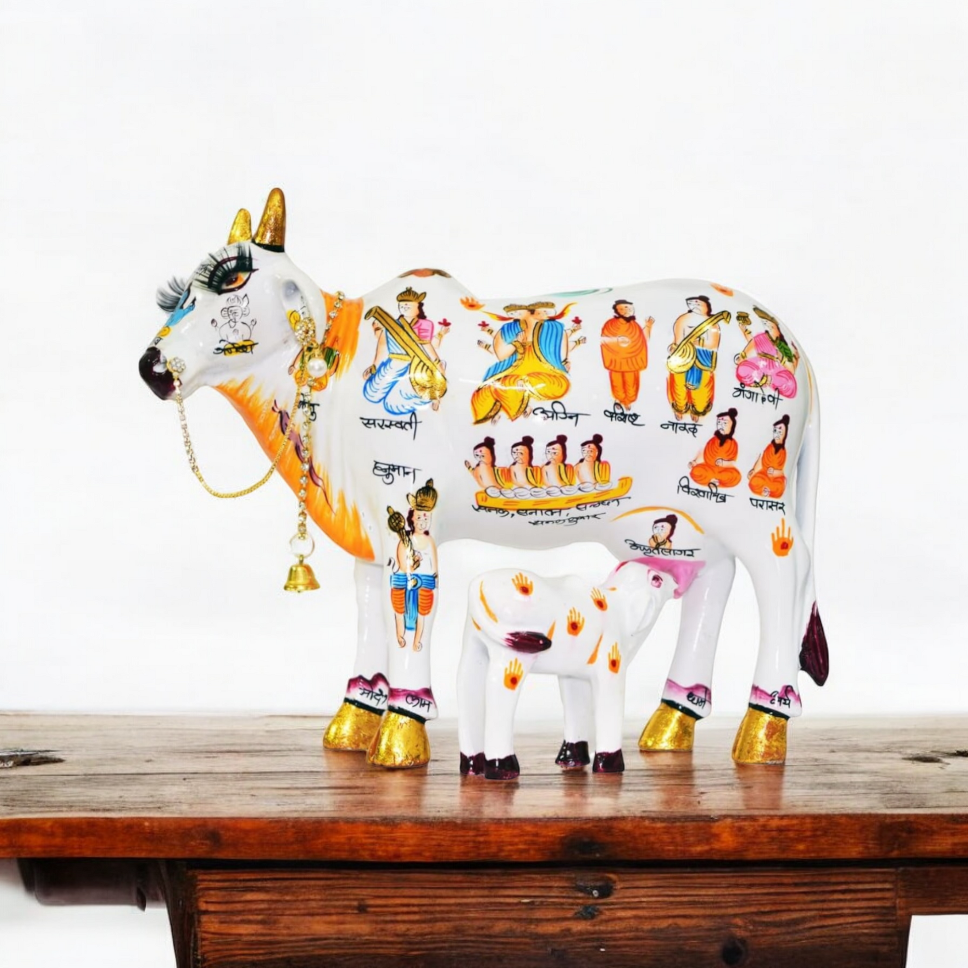 Kamdhenu Cow With Calf size 19 cm Hand Painted Statue for Hindu God - Decorwala