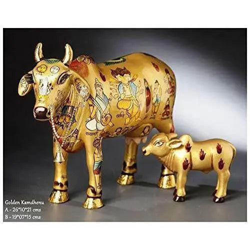 Kamdhenu Cow and Calf Idol for Vastu, Mandir and Home Decor Hand Painting (19cmx12cmx15cm) Polyresin Statue Gold - Decorwala