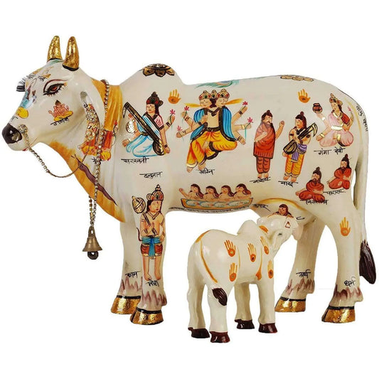 Kamdhenu Cow With Calf size 19 cm Hand Painted Statue for Hindu God - Decorwala