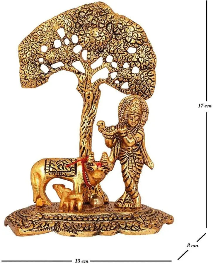 Metal Krishna Idol Murti under tree with Kamdhenu Cow - Gold Plated Showpiece (Set of 1) Rakhi Gift - Decorwala