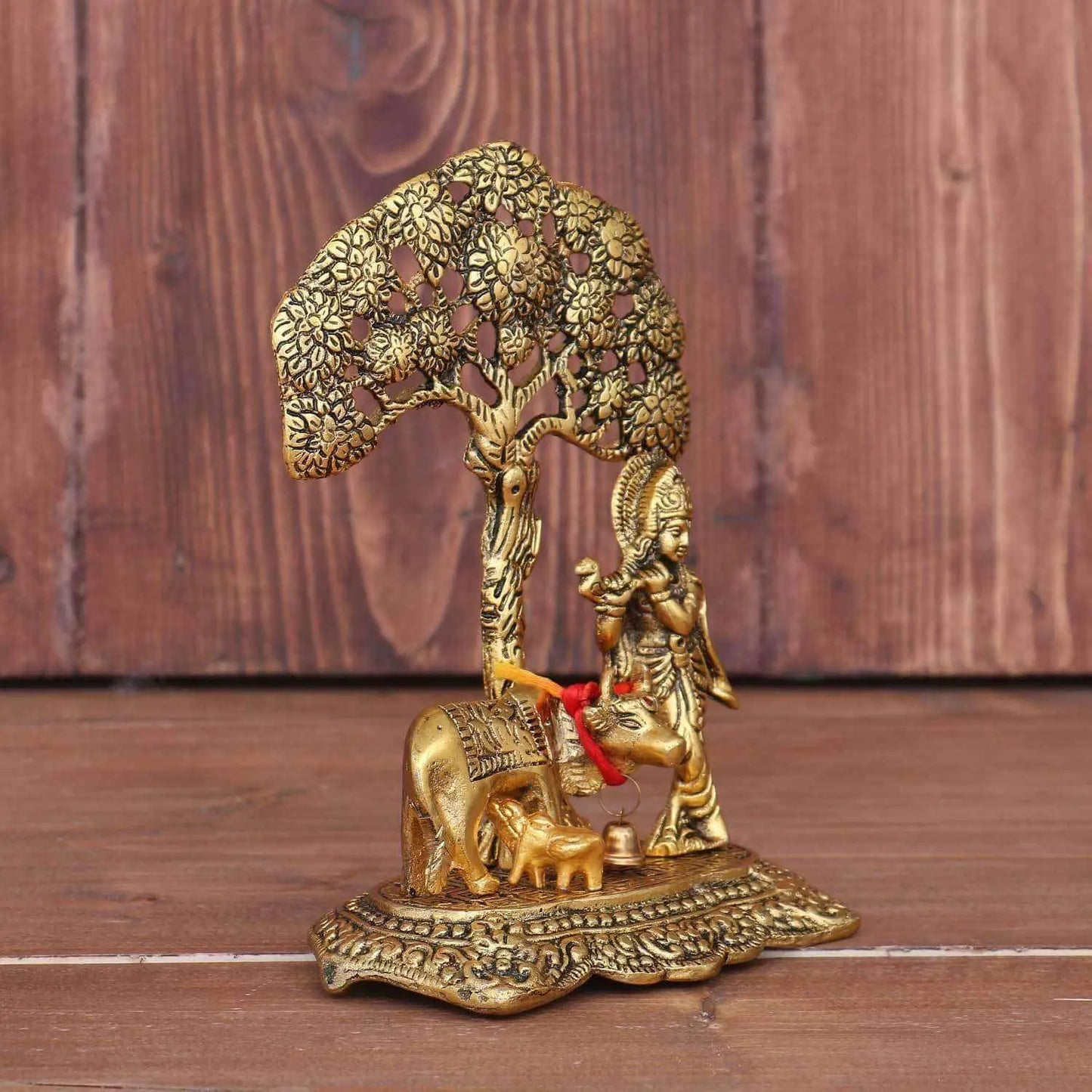 Metal Krishna Idol Murti under tree with Kamdhenu Cow - Gold Plated Showpiece (Set of 1) Rakhi Gift - Decorwala