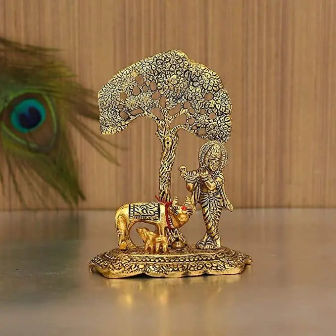 Metal Krishna Idol Murti under tree with Kamdhenu Cow - Gold Plated Showpiece (Set of 1) Rakhi Gift - Decorwala